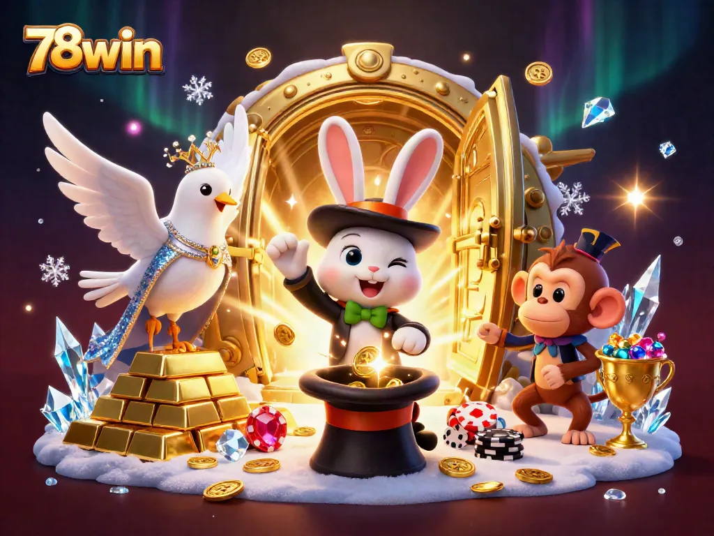 Engage with 78win's magical casino experience featuring a rabbit, dove, and monkey in a lively scene.