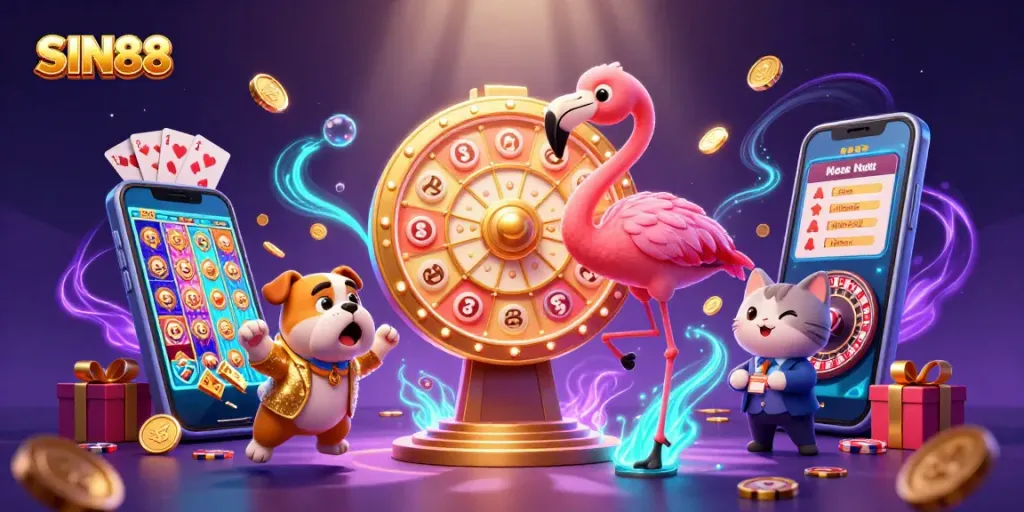SIN88 engages players through an exciting scene with a flamingo host, while showcasing vibrant gaming elements.