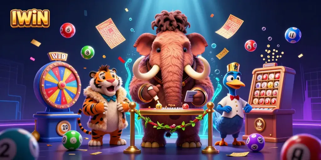 IWIN thrills with vibrant lottery balls and engaging VIP characters in a dynamic casino scene.