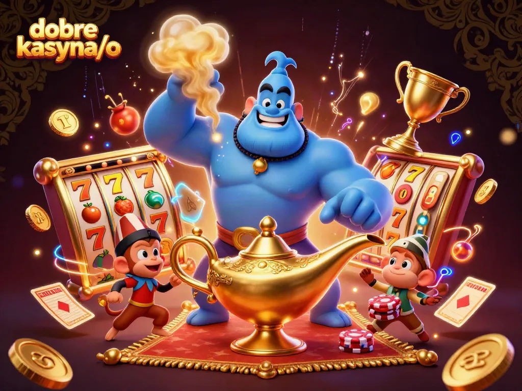 Engage in exciting gameplay with dobre kasyna/o featuring a dynamic genie, monkey, and casino symbols.
