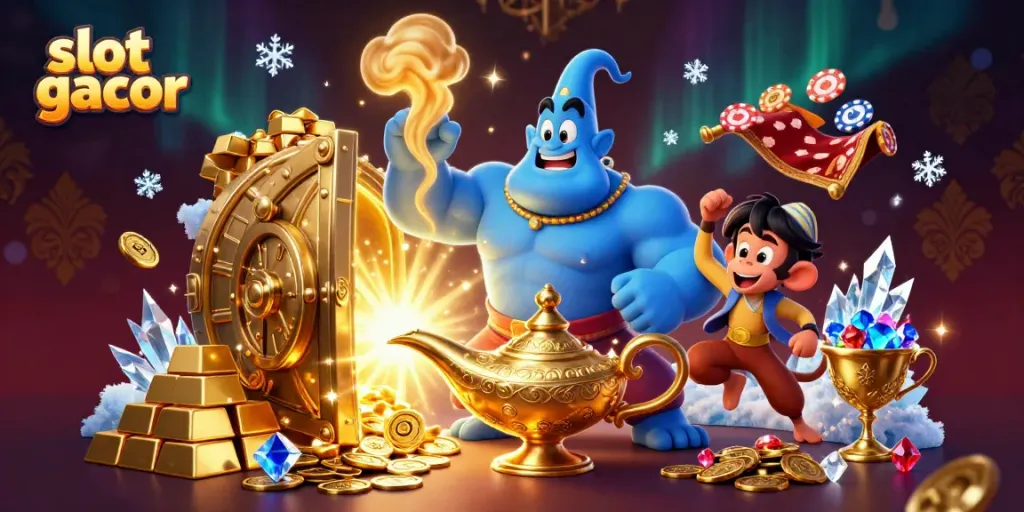Menangkan permainan slot gacor dengan karakter genie dan koin emas dalam ilustrasi kasino yang menarik.