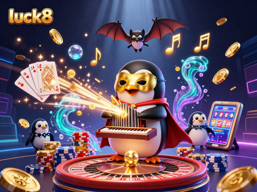 Experience luck8 with a whimsical 3D scene of a penguin organist surrounded by casino excitement.
