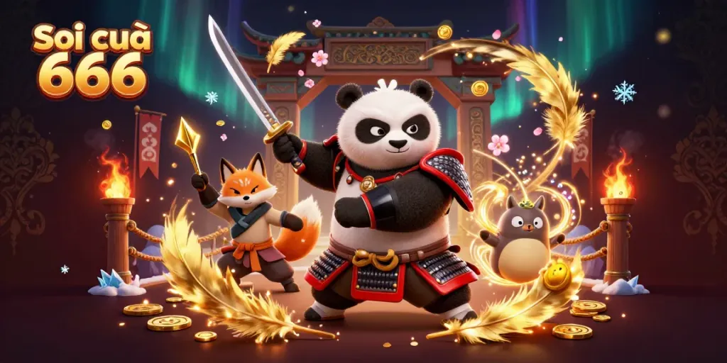 Soi cầu 666 showcases a dynamic 3D lottery scene featuring a samurai panda and ninja fox amidst swirling gold coins.