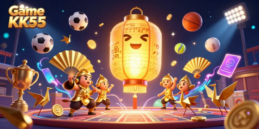 Play Game KK55 in a lively night market casino, featuring vibrant 3D characters and dynamic sports elements.