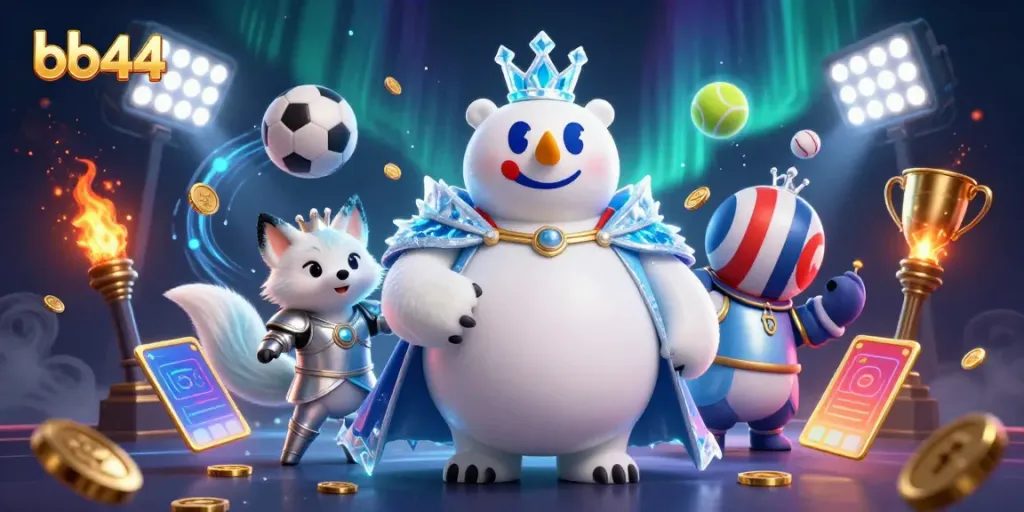 Engage in exciting gameplay at bb44 with cartoon characters surrounded by vibrant sports elements.