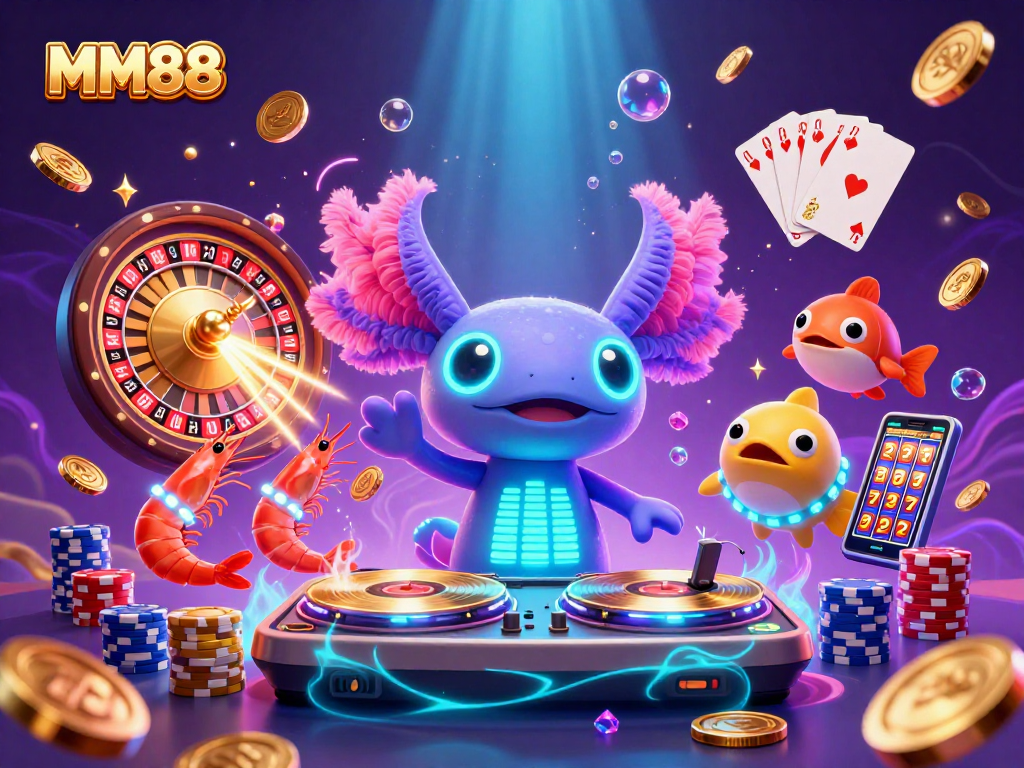 Experience the excitement of MM88 with vibrant animated casino characters engaged in games.
