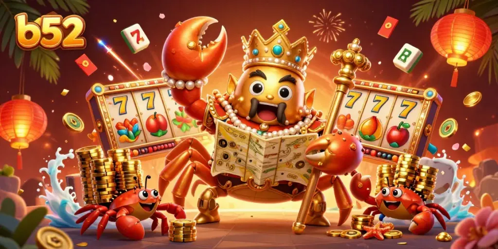 Experience thrilling wins with b52 in a vibrant casino illustration featuring golden crab emperor and dynamic game elements.