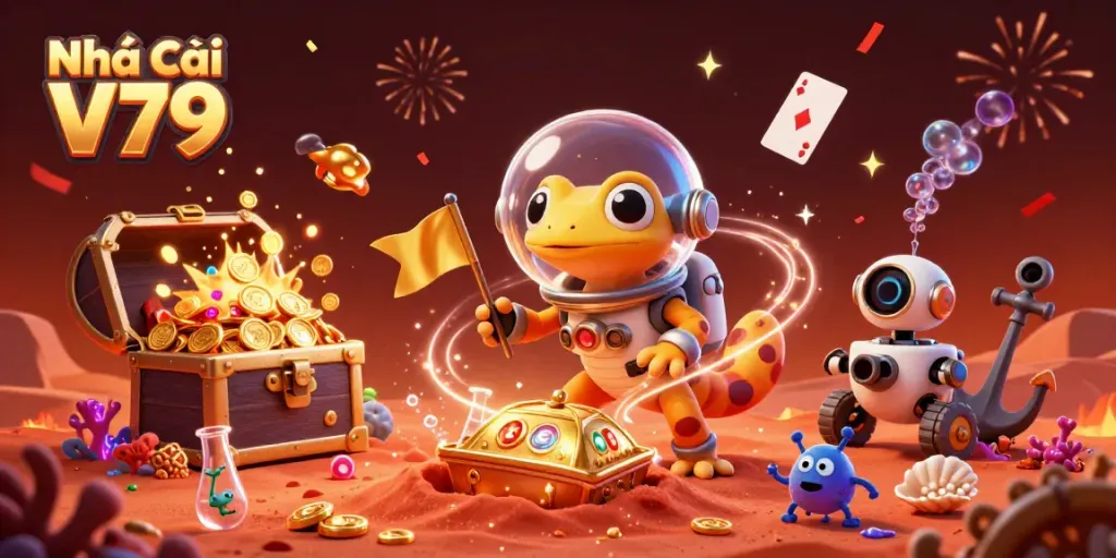 Engaging scene showcasing Nhà cái V79, featuring an alien-inspired casino discovery with playful characters and vibrant visuals.