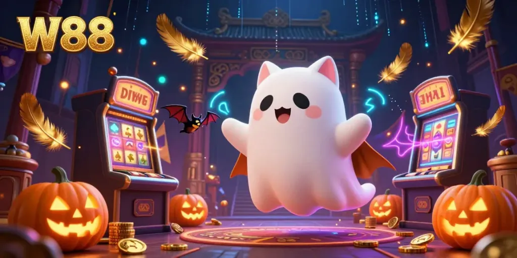 Experience thrilling adventures at W88 as a ghost cat and bat navigate a haunted casino filled with vibrant characters.