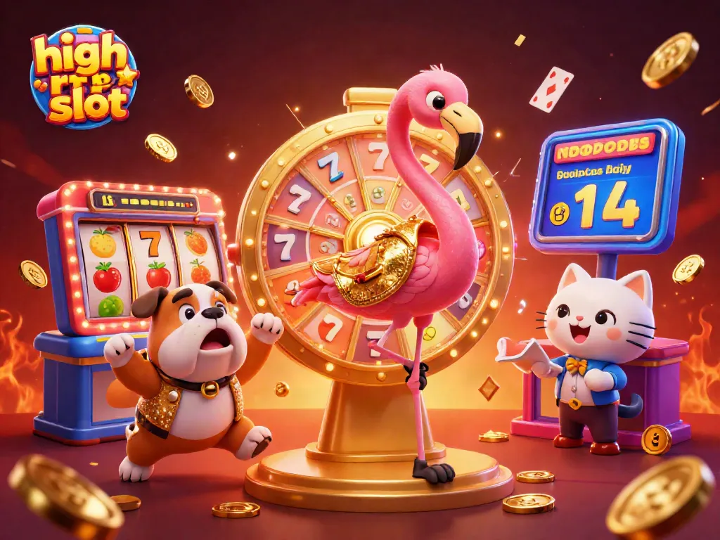 Showcasing a high rtp slot with a dynamic game show scene featuring a flamingo host, excited bulldog, and jackpot elements.