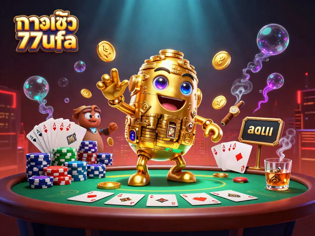 Explore exciting games and opportunities with ทางเข้า 77ufa, featuring a golden golem amidst poker excitement.