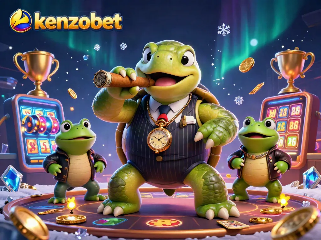 Experience the thrilling world of kenzobet with a charismatic turtle in a mobster suit and vibrant gaming elements.