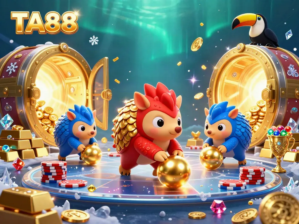 Experience TA88 with rival pangolins rolling poker chips in a dazzling casino adventure.