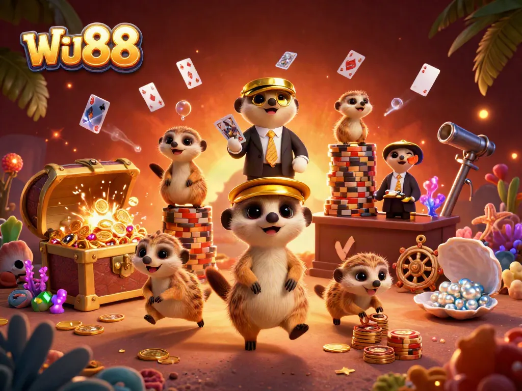 Engage with ฟัน88 in an exciting 3D casino illustration, showcasing meerkats managing an animated gaming environment.