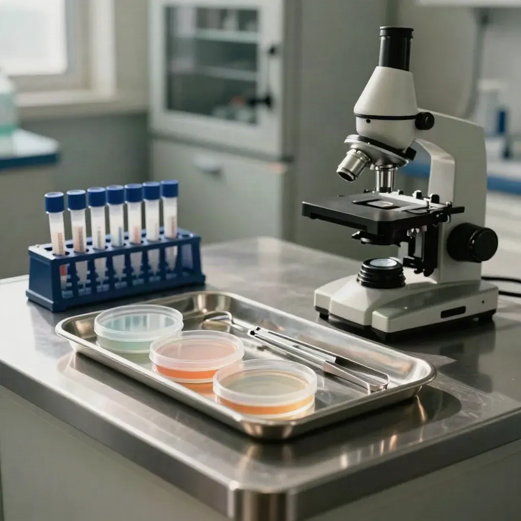 Stół laboratoryjny z płytkami hodowlanymi, wymazówkami i mikroskopem w gabinecie weterynaryjnym
