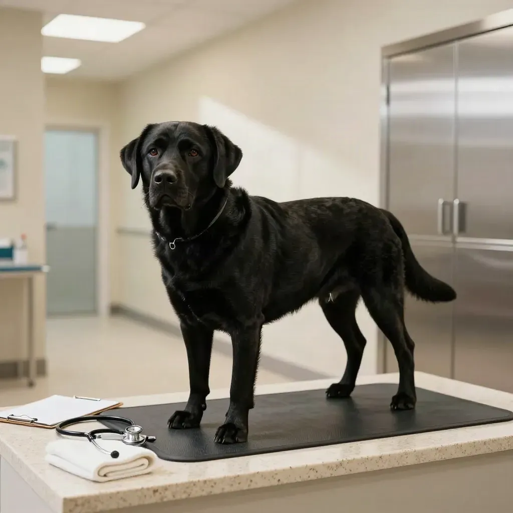 Czarny labrador na macie w gabinecie weterynaryjnym, obok stetoskop i klipsowana kartka