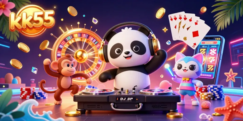 Engage with thrilling kk55 gaming action featuring playful characters amidst dynamic casino elements.