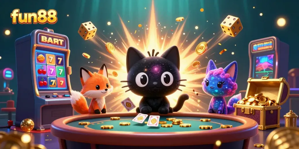 Experience the excitement of fun88 with a whimsical casino scene featuring a cosmic cat.