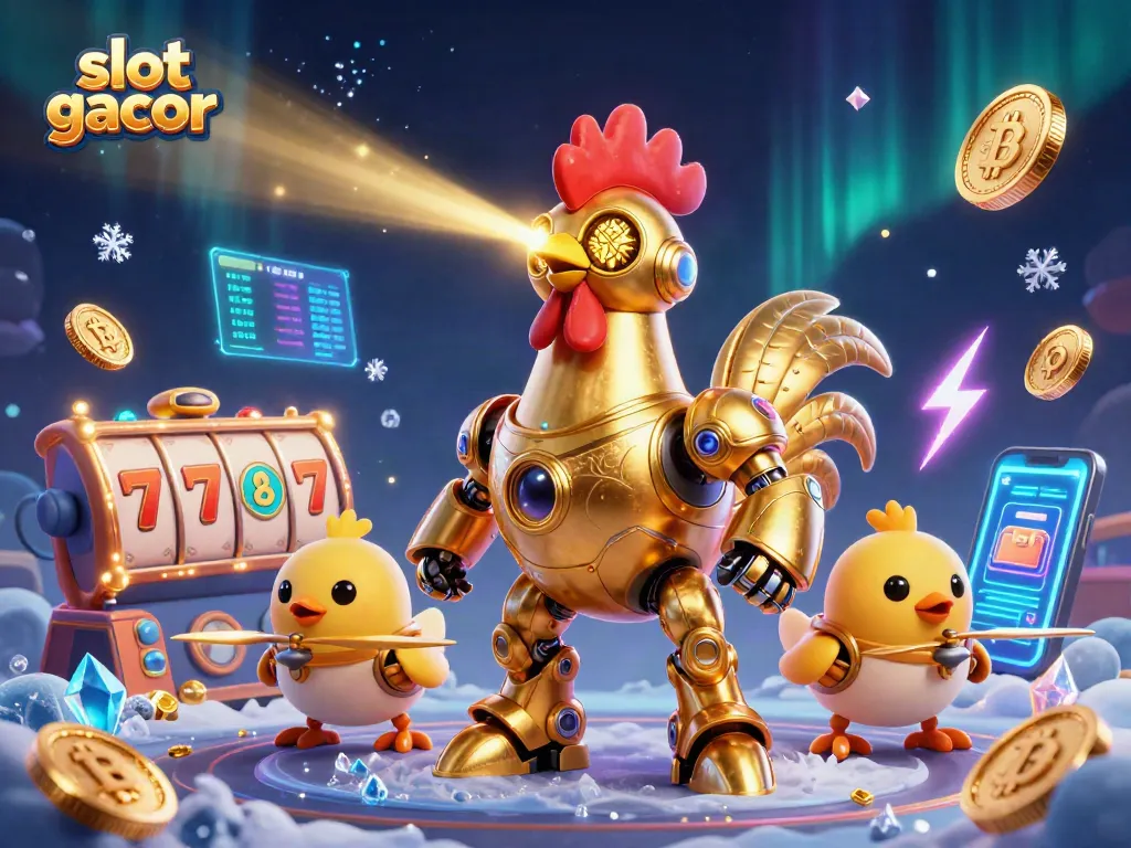 Engage in exciting slot gacor gameplay with a futuristic golden rooster robot and chick drones, surrounded by striking gaming elements.