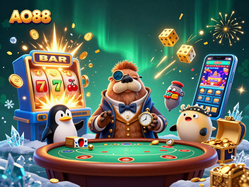 AO88's jolly walrus in a Victorian outfit plays poker at an underwater casino table amid a jackpot explosion.