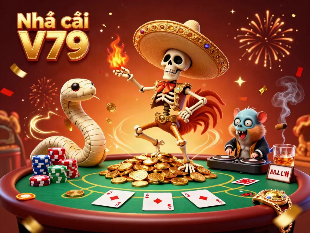 Experience vibrant gaming excitement at Nhà cái V79 with animated characters and dynamic casino elements.