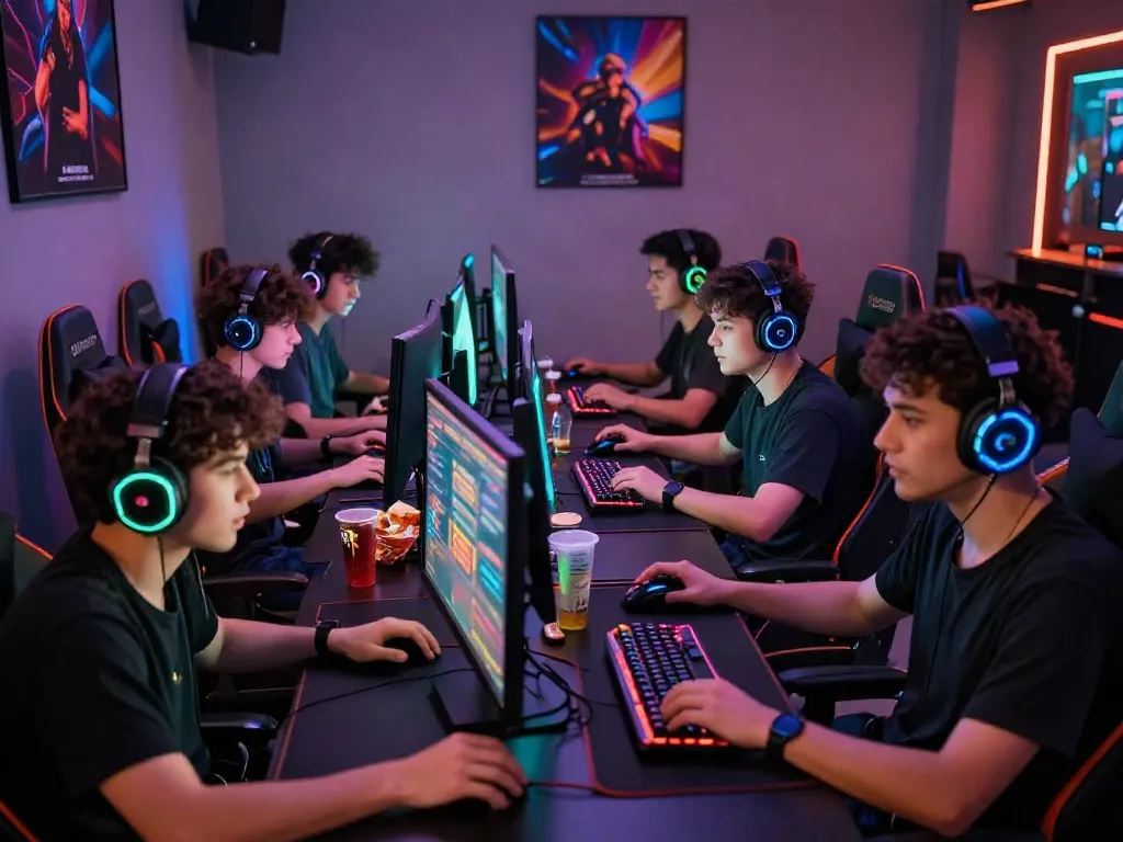 lumbung88 online gaming scene with gamers engaged in slot play and vibrant setup