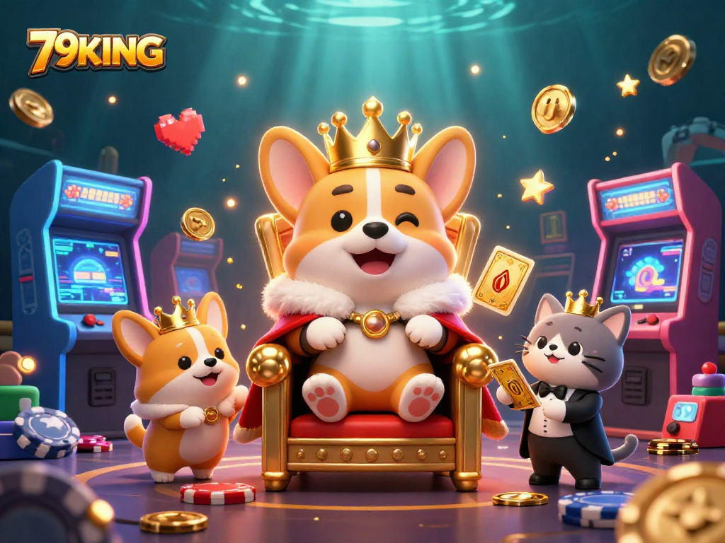 Engage with 79KING as a royal corgi rules the casino throne surrounded by game elements.
