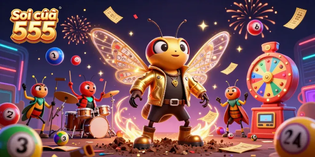 Engaging Soi cầu 555 illustration showcasing a vibrant lottery scene with cartoon characters and dynamic elements.