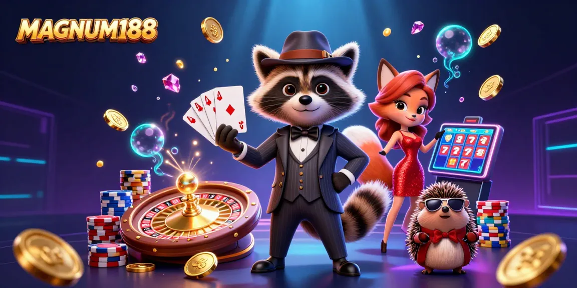 Engage with MAGNUM188's premium slots in a vibrant 3D gambling scene featuring dynamic characters.