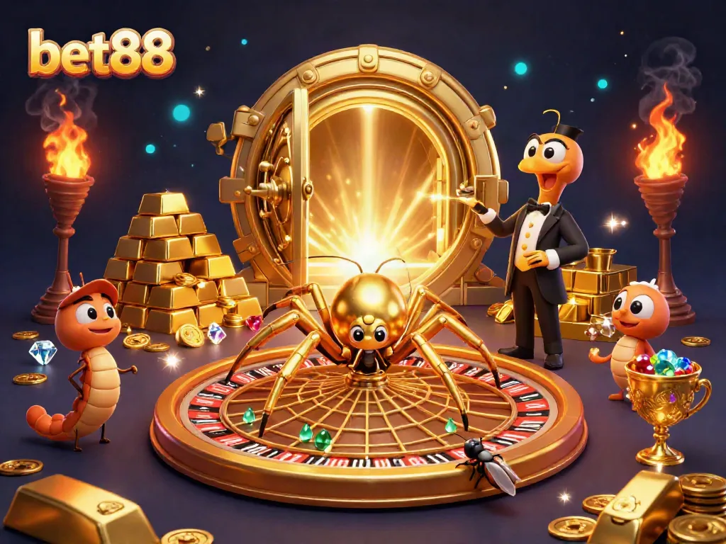Experience the thrill of betting at bet88 with a captivating 3D casino-themed illustration featuring a golden spider and dynamic betting elements.