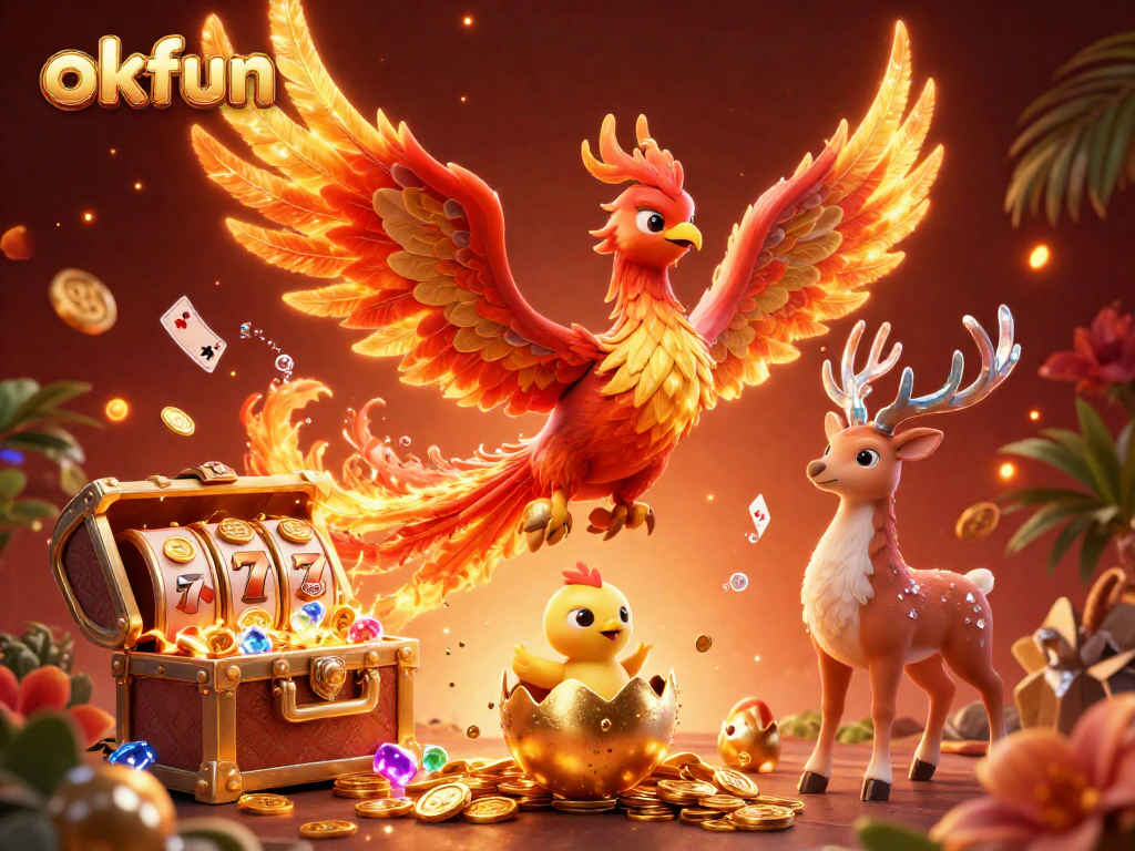 Spin the reels with okfun in this vibrant 3D illustration featuring a phoenix and gaming elements.