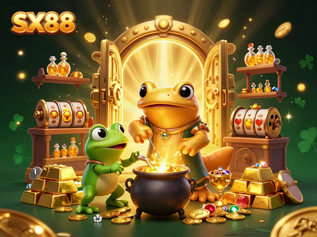 SX88 alchemist transforms base metals into gold coins amidst a bustling casino scene.