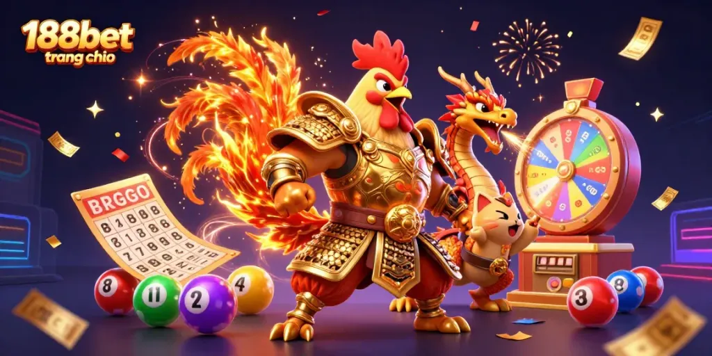 Engaging scene of 188bet trang chủ with dynamic elements, showcasing a rooster warrior, dragon, and cheerful cat mascot amidst colorful lottery balls and confetti.