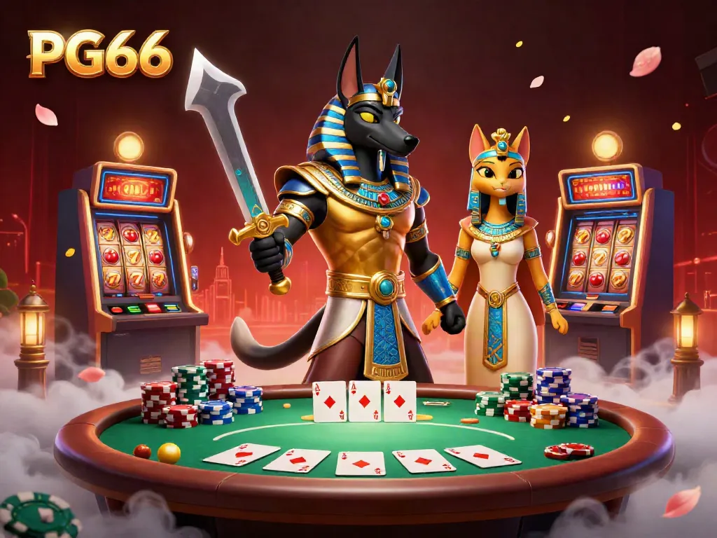 PG66 showcases a dynamic scene with Anubis and Bastet in a vibrant casino setting, surrounded by rich gaming elements.
