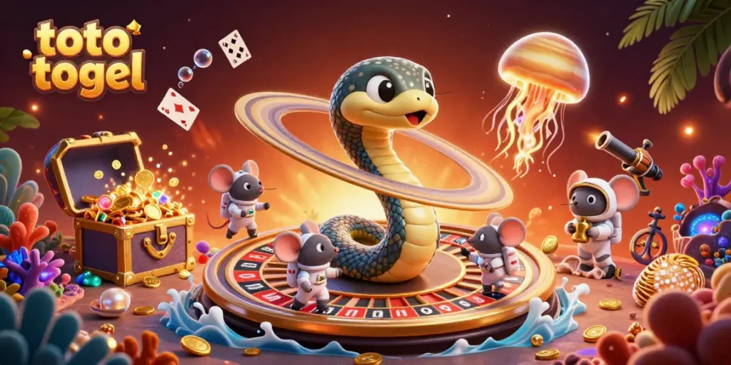 Engaging scene depicting toto togel with a Saturn ring snake roulette wheel, astronaut mice betting, and vibrant cosmic elements.