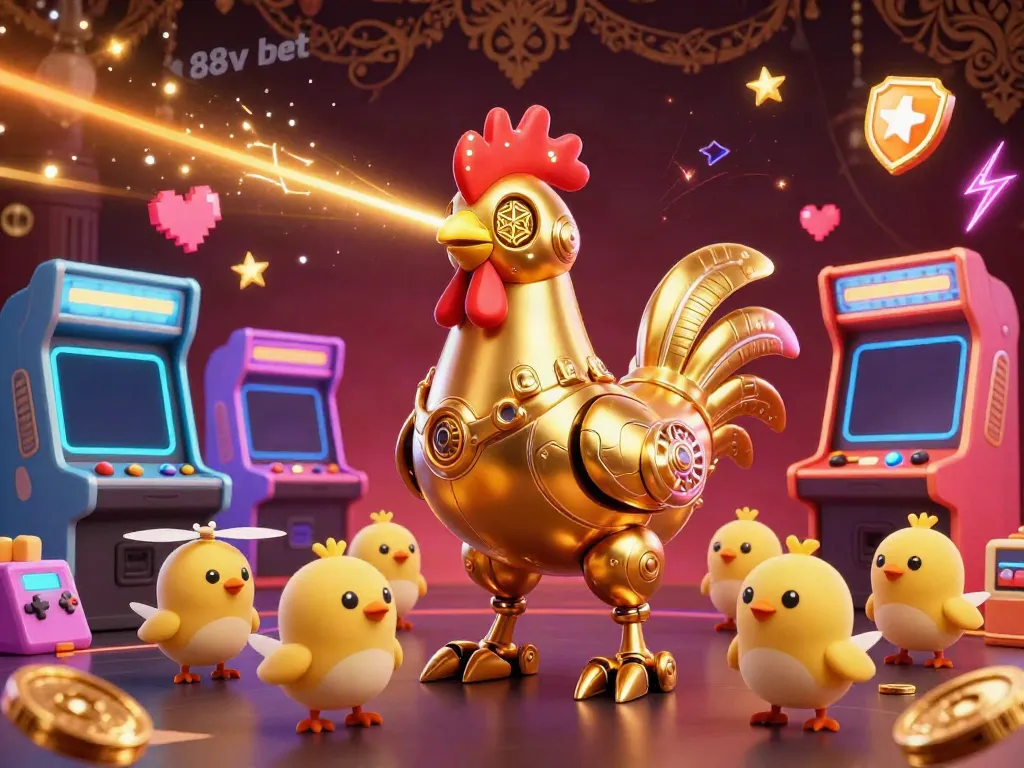 Experience thrilling gameplay with 88v bet featuring a robotic rooster and arcade elements in a vibrant casino scene.