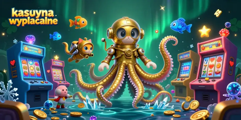 Engage with kasyna wyplacalne in this vibrant 3D casino scene featuring a kraken and a diving cat.