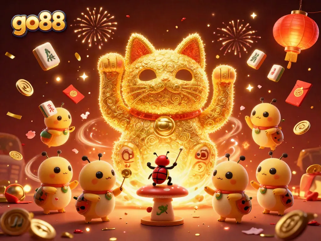 Experience the vibrant excitement of go88 with a whimsical lucky cat and dynamic casino symbols in a lively 3D scene.