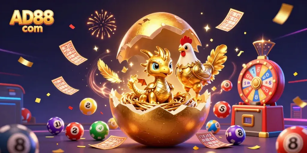 Experience the thrill of gambling at AD88 com with a magical scene featuring a golden dragon and vibrant game elements.