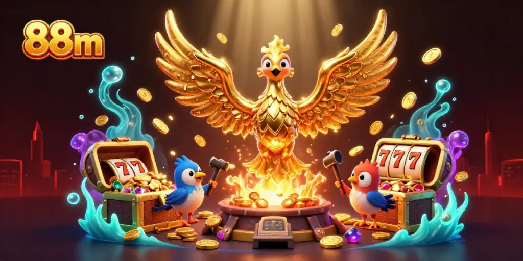 Spin the reels and win big with 88m's vibrant casino-themed illustration showcasing golden phoenix and lucky symbols.