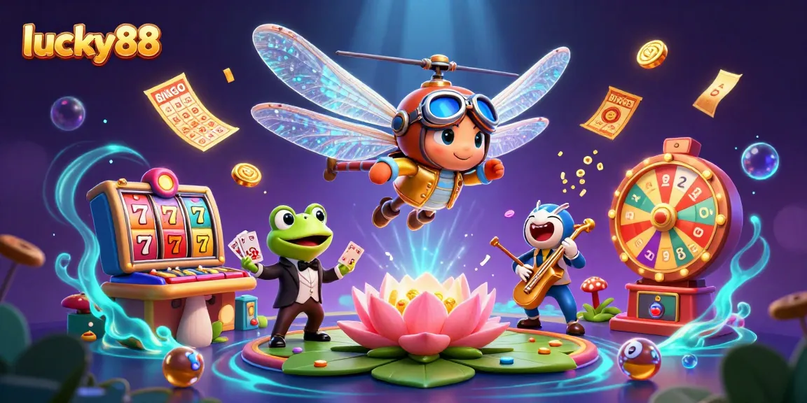 Experience exciting gameplay in lucky88 with a lively casino scene featuring a dragonfly pilot and a frog croupier.