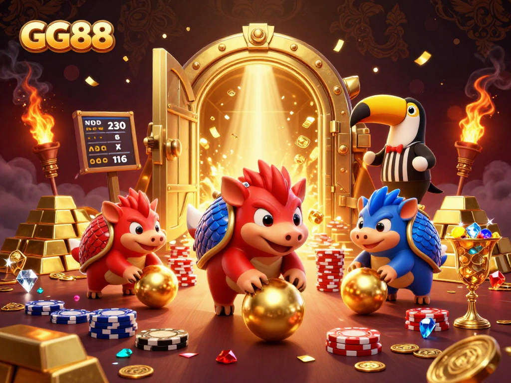 GG88 pangolins rolling into golden balls amid poker chips in a vibrant casino scene.