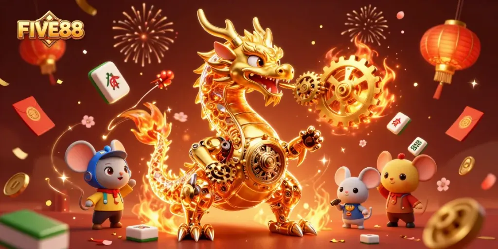 Experience the thrilling world of FIVE88 with a golden dragon breathing gears, surrounded by festive casino elements.