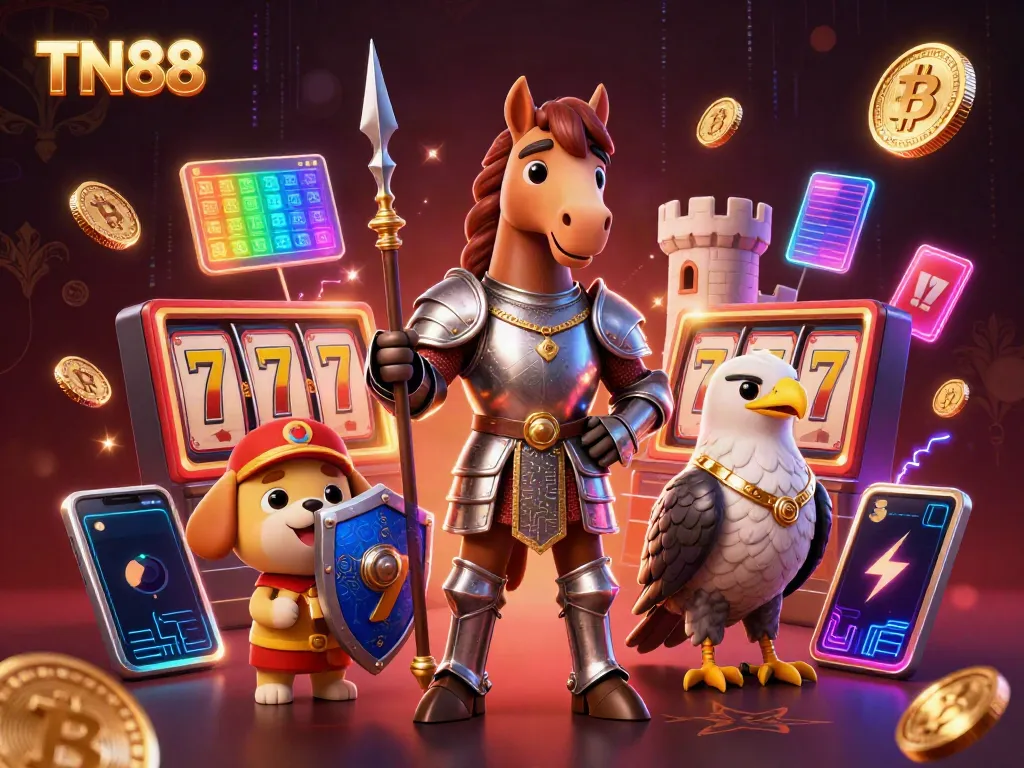 Experience excitement with TN88 in a rich casino scene featuring knights and crypto elements