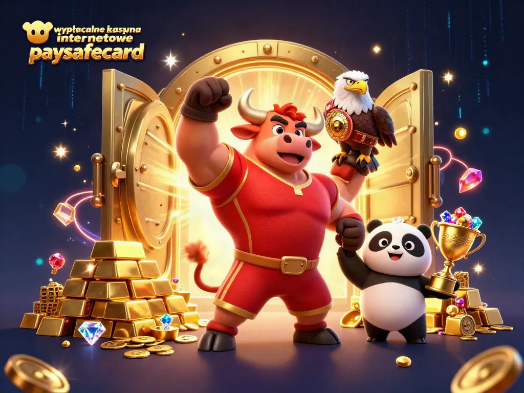 Wypłacalne kasyna internetowe paysafecard feature a dynamic scene with a cartoon bull, eagle, and panda surrounded by gold treasures.
