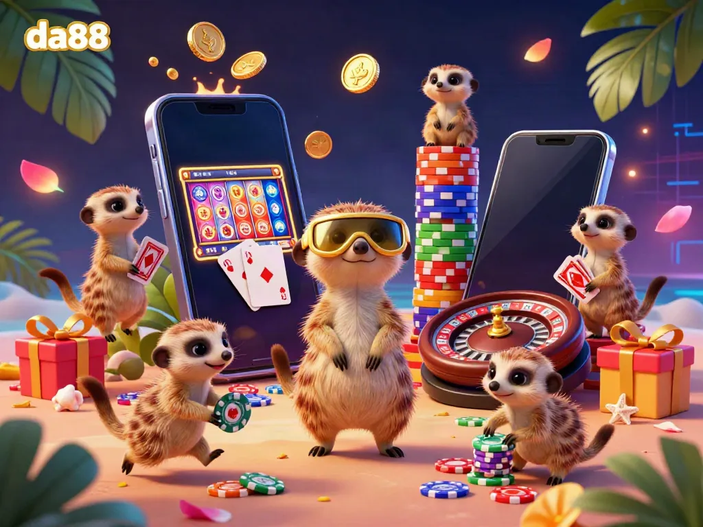 Experience the vibrant da88 casino scene as meerkats engage in lively gaming activities with colorful slot games and sparkling elements.