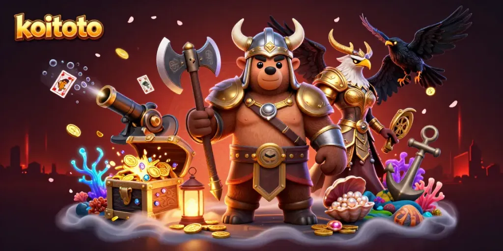 Koitoto menghadirkan ilustrasi Viking dengan senjata sambil memainkan permainan kasino yang penuh fitur menarik dan nuansa fantastis.