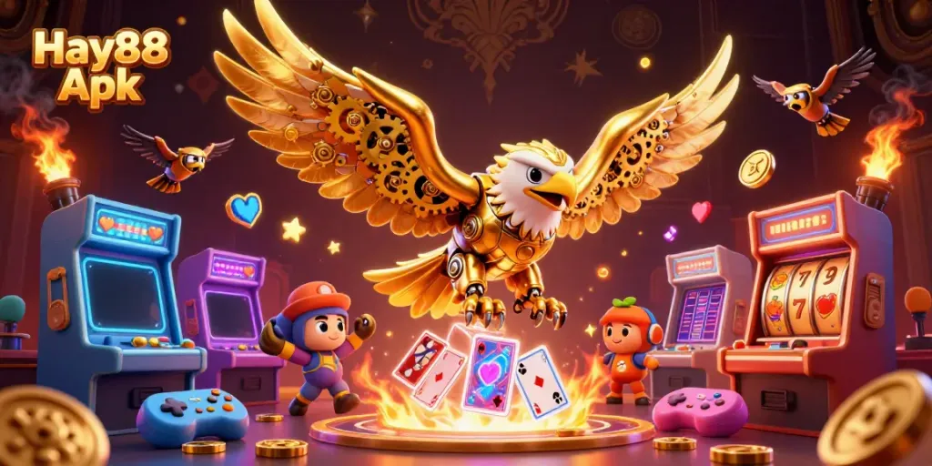Engage with the Hay88 Apk featuring a golden eagle diving through vibrant holographic cards in a casino setting.