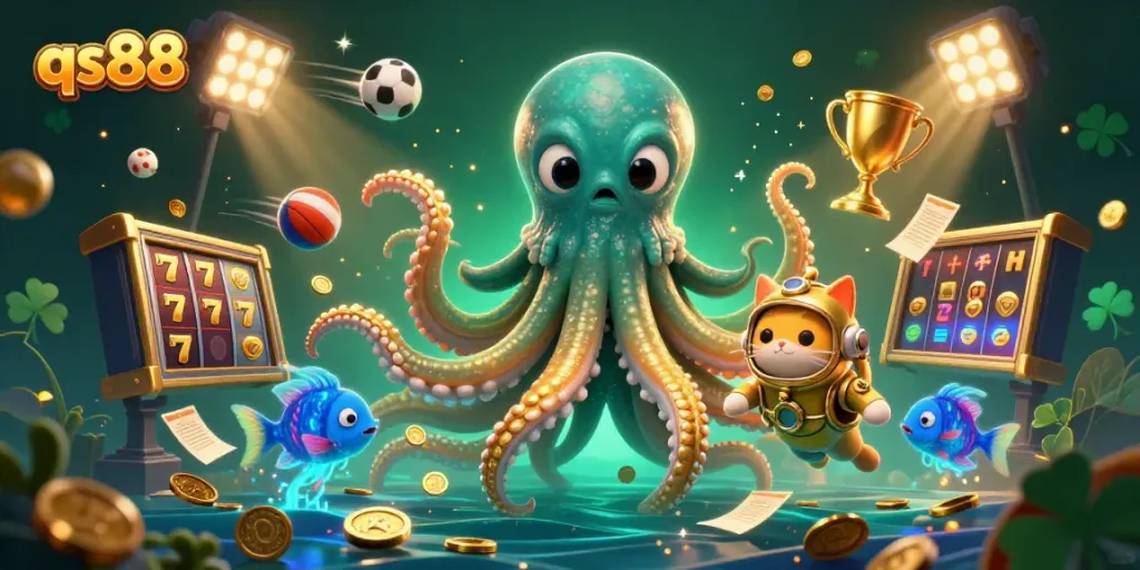 Experience thrilling gameplay with qs88 in this vibrant online casino scene featuring a kraken and diving cat.