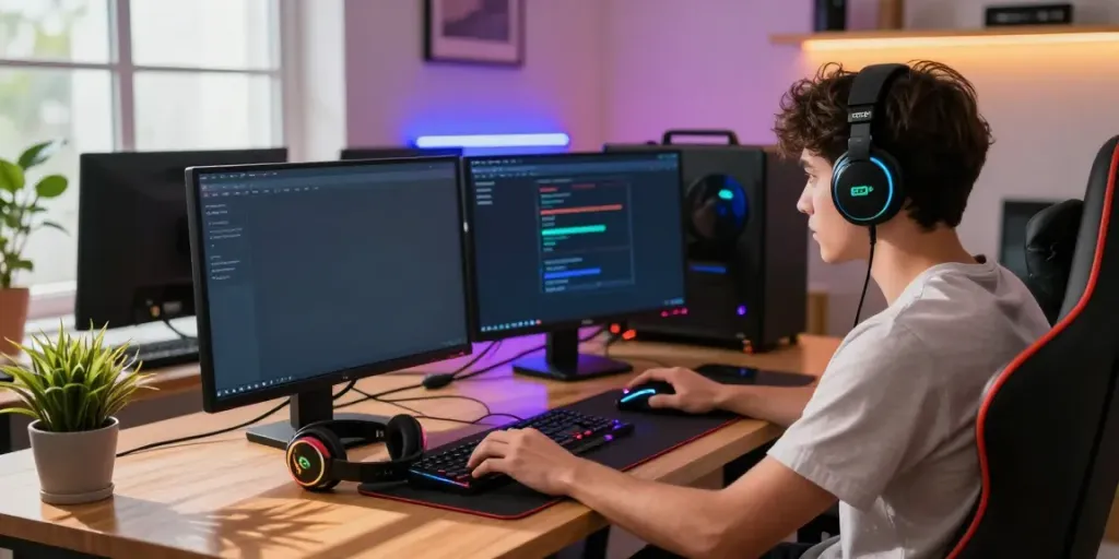 Engaged gamer exploring the DAVO88 togel online platform in a cozy home environment.